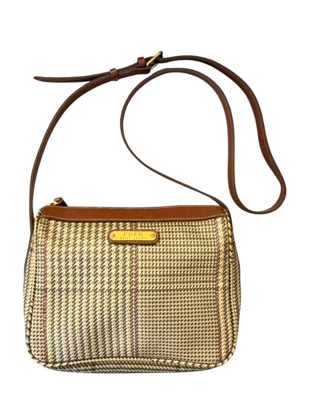 Vintage Ralph Lauren Plaid Crossbody Bag Brown Leather Houndstooth Purse